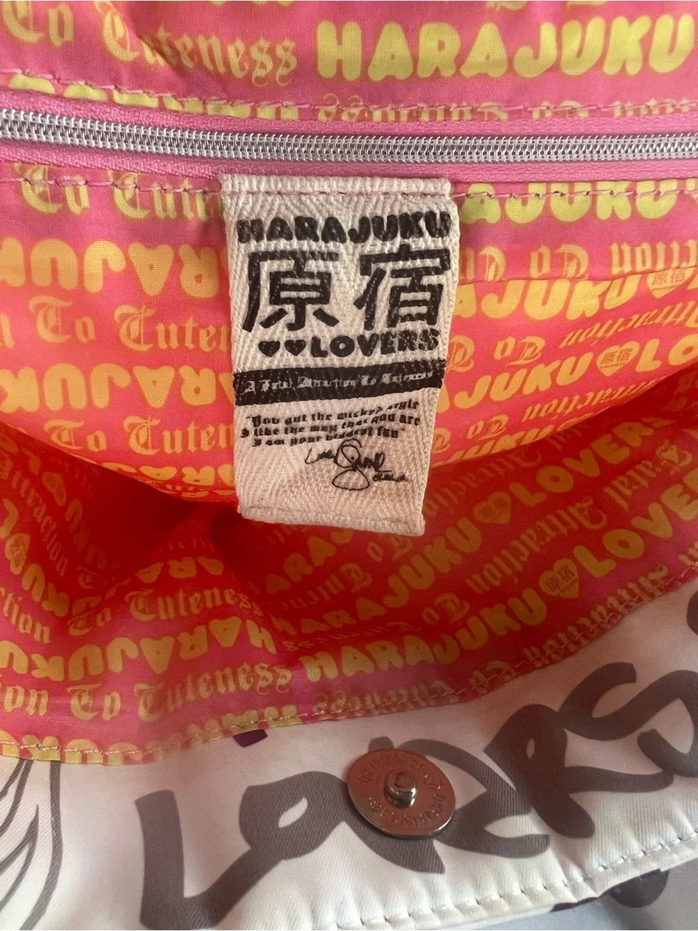 Harajuku Lovers White Multicolor Graffiti Tote with Gray Straps and Yellow Charm